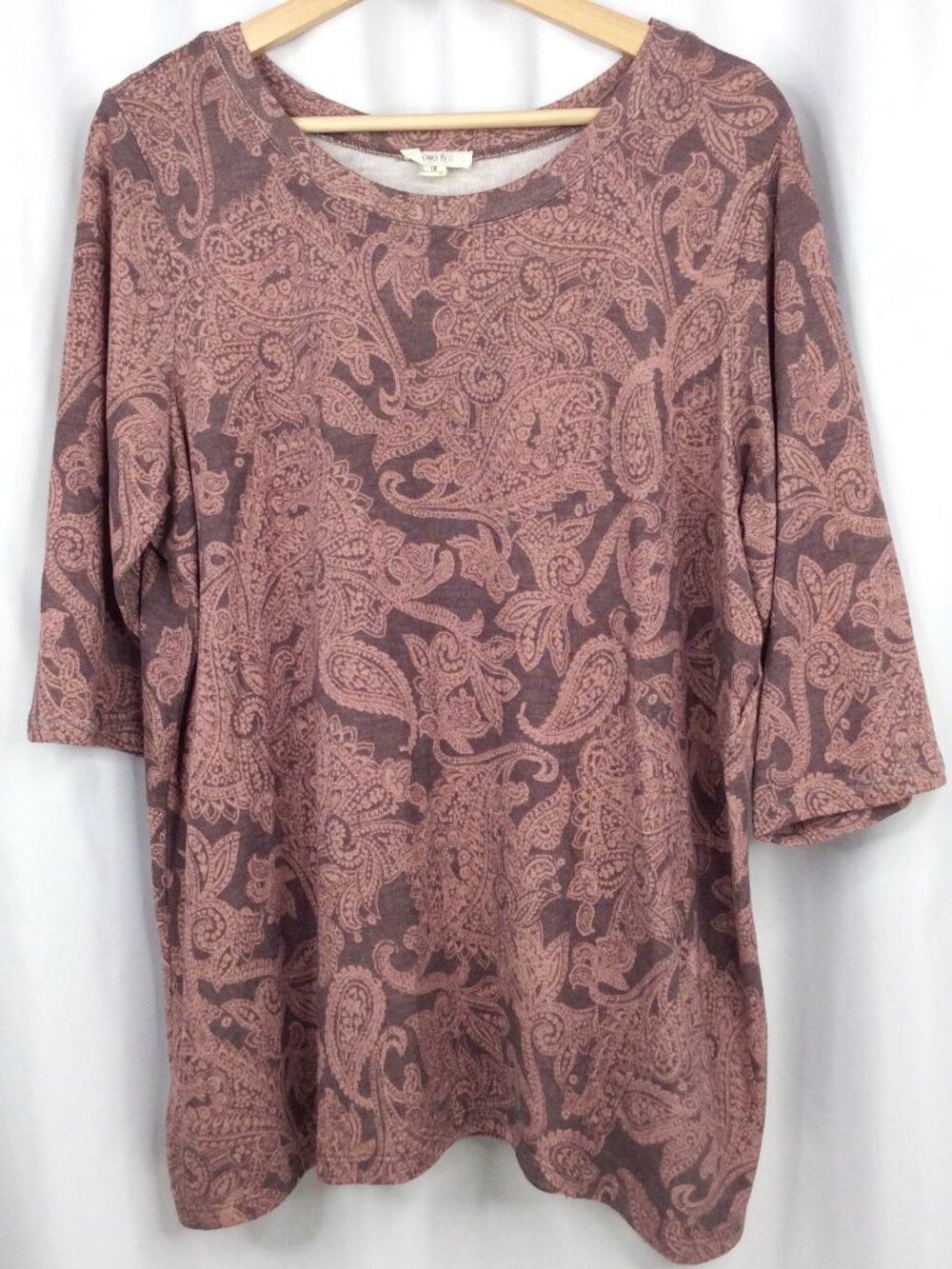 COMO BLU Paisley Top Women's Plus Size 1X Mauve‎ Pink Soft Knit 3/4 Sleeve